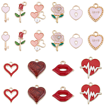 80Pcs 10 Style Alloy Enamel Pendants, with Rhinestone and Acrylic Beads, Rose/Lip/Heart, for Valentine's Day, Mixed Color, 13~21x7~21x1.5~5mm, hole: 1.5~4mm, 8pcs/style