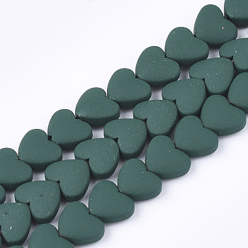 Spray Painted Non-magnetic Synthetic Hematite Beads Strands, Heart, Dark Green, 5x6x3mm, Hole: 0.5mm, about 75pcs/strand, 15.7 inch