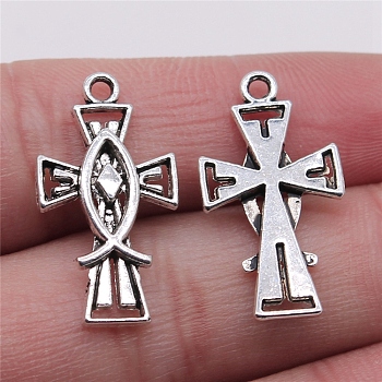 Alloy Enamel Pendant, Crucifix Cross with Jesus Fish, for Easter, Antique Silver, 26x14mm