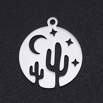 201 Stainless Steel Laser Cut Pendants, Flat Round with Cactus, Stainless Steel Color, 20.5x18x1mm, Hole: 1.4mm