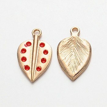 Light Gold Plated Alloy Enamel Leaf Pendants, Red, 24x14x2mm, Hole: 2mm