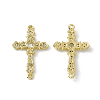 Rack Plating Brass Pave Clear Cubic Zirconia Connector Charms, Religion Cross Links, Brass Jewelry for Women, Cadmium Free & Lead Free, Long-Lasting Plated, Real 18K Gold Plated, 29.5x18.5x3mm, Hole: 1.2mm