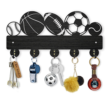 Wood & Iron Wall Mounted Hook Hangers, Decorative Organizer Rack, with 2Pcs Screws, 5 Hooks for Bag Clothes Key Scarf Hanging Holder, Football, 144x300x7mm