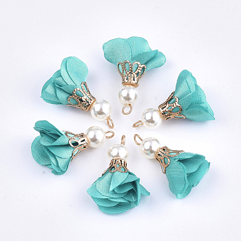 Iron Pendants, with Cloth and ABS Plastic Imitation Pearl, Flower, Golden, Dark Turquoise, 25~32x15~25mm, Hole: 1~4mm