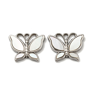 304 Stainless Steel Shell Pendants, Butterfly Charms, Stainless Steel Color, 12.5x15x2mm, Hole: 1.6mm