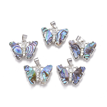 Natural Abalone Shell/Paua Shell Pendants, with Rhinestone and Brass Findings, Butterfly, Platinum, 20~20.5x25~25.5x3.5~4mm, Hole: 4x5.5mm