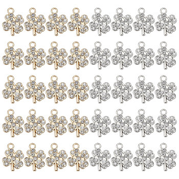 40Pcs 2 Colors Alloy Pendants, with Crystal Rhinestones, Clover, Platinum & Light Gold, 15x12x2.5mm, Hole: 1.8mm, 20Pcs/color