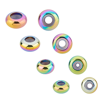 Vacuum Plating 304 Stainless Steel Beads, with Plastic, Slider Beads, Stopper Beads, Rondelle, Rainbow Color, 6~9x3~4.5mm, Hole: 2.5mm, 24pcs/box
