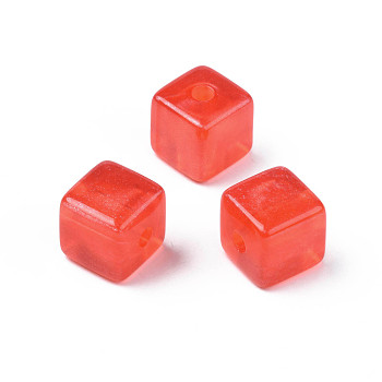 Transparent Acrylic Beads, with Glitter Powder, Cube, Red, 13.5x13.5x13.5mm, Hole: 3.5mm