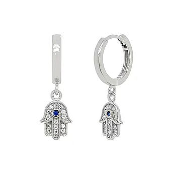 Rhodium Plated 925 Sterling Silver Micro Pave Cubic Zirconia Dangle Hoop Earrings, Hamsa Hand, with 925 Stamp, Platinum, 23x11mm