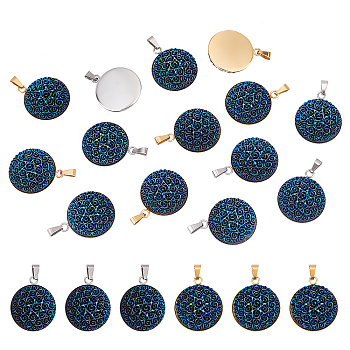 Unicraftale 20Pcs 2 Colors 304 Stainless Steel Pendants, Large Hole Pendants, with Resin, Flat Round with Flower, Prussian Blue, Golden & Stainless Steel Color, 31x26x9mm, Hole: 7.5x3mm, 10pcs/color