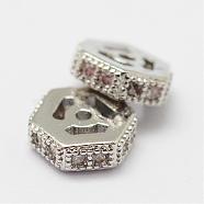 Brass Micro Pave Cubic Zirconia Beads, Hexagon, Lead Free & Nickel Free, Platinum, 6x5.5x2mm, Hole: 0.8mm(ZIRC-F038-18P-FF)