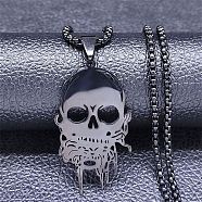 304 Stainless Steel Pendant Necklace, Skull, Black, 23.35 inch(59.3cm)(NJEW-K253-18EB)