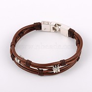 Trendy Cowhide Leather Cord Multi-strand Bracelets, with Waxed Cord, Tibetan Style Findings and Snap Lock Clasps, Saddle Brown, 210mm(BJEW-JB01734)