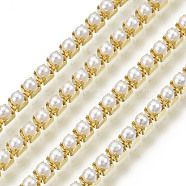 Brass Strass Chains, with ABS Plastic Imitation Pearl, Raw(Unplated), Creamy White, 2x2mm, 4000pcs plastic Pearl/bundle, about 32.8 Feet(10m)/bundle(CHC-N017-002)