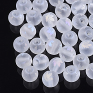 Autumn Theme Electroplate Transparent Glass Beads, Frosted, Round with Maple Leaf Pattern, Clear AB, 10mm, Hole: 1.5mm(EGLA-S178-01-01I)