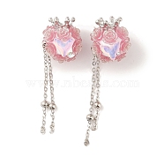 Polymer Clay Rhinestone Beads, with Glitter, Resin & Acrylic & Glass Cabochon & Alloy Chain, Rose with Crown & Fishtail, Pink, 60~69mm(CLAY-H003-02P-04)