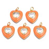 Brass Enamel Pendants, with Clear Cubic Zirconia and Jump Ring, Nickel Free, Real 16K Gold Plated, Heart, Dark Orange, 17.5x15.5x4.5mm, Hole: 3.5mm(KK-T013-15D-NF)