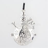Rack Plating Brass Cage Pendants, For Chime Ball Pendant Necklaces Making, Hollow Christmas Snowman, Silver Color Plated, 46x35x21mm, Hole: 3x6mm, inner measure: 22mm(KK-S751-075S)