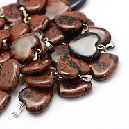 Heart Natural Mahogany Obsidian Pendants, with Platinum Tone Brass Findings, 20~22x20~21x5~8mm, Hole: 2x7mm(X-G-Q438-02)