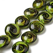 Handmade Gold Sand Lampwork Beads Strands, Flat Round, Yellow Green, 21x11mm, Hole: 1.2mm, about 18pcs/strand, 13.98 inch(35.5cm)(LAMP-C008-03F)