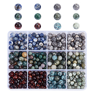360Pcs 12 Styles Natural Mixed Gemstone Beads, Natural Indian Agate & Green Rutilated Quartz & Tiger Eye & Sesame Jasper & Blue Spot Jasper & Map Stone/Picasso Jasper, Round, Mixed Dyed and Undyed, 6~9mm, Hole: 1~1.2mm(G-NB0004-09)