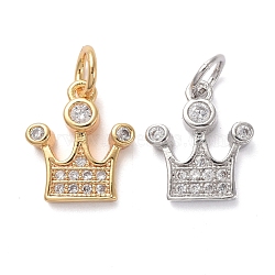 Brass Micro Pave Clear Cubic Zirconia Charms, with Jump Rings, Crown, Mixed Color, 11.5x10x2mm, Hole: 3mm(KK-I658-17)