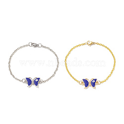 2Pcs 2 Color Alloy Butterfly with Evil Eye Link Bracelets Set wtih Enamel, Iron Jewelry for Women, Platinum & Golden, 7-3/8 inch(18.6cm), 1Pc/color(BJEW-JB09162)