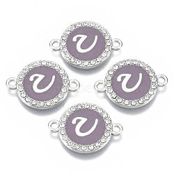 Alloy Enamel Links Connectors, with Crystal Rhinestones, Flat Round with Letter, Silver Color Plated, Letter.U, 22x16x2mm, Hole: 1.8mm(ENAM-TAC0003-01S-01U)