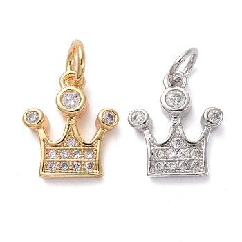 Brass Micro Pave Clear Cubic Zirconia Charms, with Jump Rings, Crown, Mixed Color, 11.5x10x2mm, Hole: 3mm