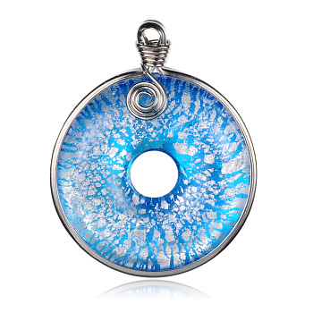 Handmade Silver Foil Glass Big Pendants, Donut/Pi Disc, with Platinum Plated Brass Findings, Light Sky Blue, 57~61x44~46x10mm, Hole: 5~7x4~5mm