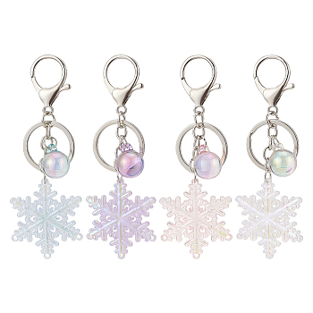 4Pcs 4 Colors Laser Snowflake Resin Pendant Keychain, with Alloy Clasp, for Women Key Car Purse Bags Luggage Charms Gift, Mixed Color, 110mm, 1pc/color