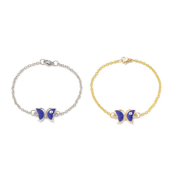 2Pcs 2 Color Alloy Butterfly with Evil Eye Link Bracelets Set wtih Enamel, Iron Jewelry for Women, Platinum & Golden, 7-3/8 inch(18.6cm), 1Pc/color