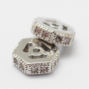 Brass Micro Pave Cubic Zirconia Beads, Hexagon, Lead Free & Nickel Free, Platinum, 6x5.5x2mm, Hole: 0.8mm