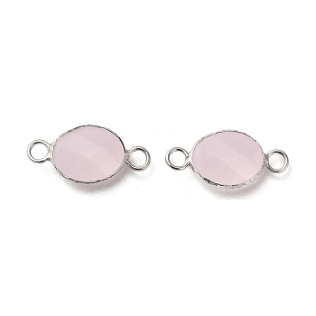 925 Sterling Silver Connector Charms, with Faceted Glass, Oval, Real Platinum Plated, Pink, 8.5x17.5x4.7mm, Hole: 2mm