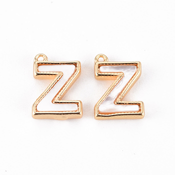 Brass Charms, with Shell, Real 18K Gold Plated, Nickel Free, Letter.Z, 11x8x2mm, Hole: 0.8mm