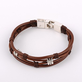Trendy Cowhide Leather Cord Multi-strand Bracelets, with Waxed Cord, Tibetan Style Findings and Snap Lock Clasps, Saddle Brown, 210mm