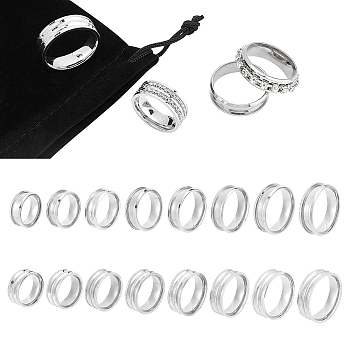 16Pcs 16 Style 201 Stainless Steel Grooved Finger Ring Settings, Ring Core Blank, for Inlay Ring Jewelry Making, Stainless Steel Color, US Size 5 1/4(15.9mm)~US Size 14(23mm), 1pc/style