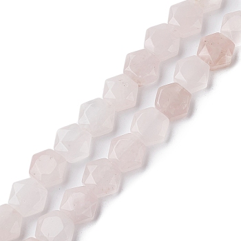 Natural Rose Quartz Beads Strands, Faceted Hexagonal Cut, Hexagon, 8~8.5x9~9.5x4~4.5mm, Hole: 1mm, about 25pcs/strand, 8.11''(20.6cm)