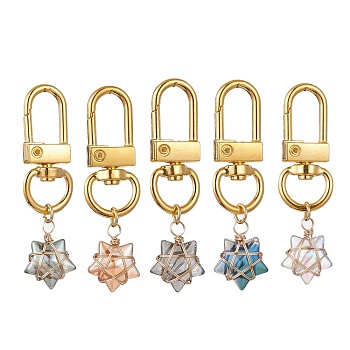 Copper Wire Wrapped Electroplated Glass Star Pendant Decoration, with Alloy Swivel Clasps, Golden, 50mm