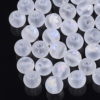 Autumn Theme Electroplate Transparent Glass Beads, Frosted, Round with Maple Leaf Pattern, Clear AB, 10mm, Hole: 1.5mm