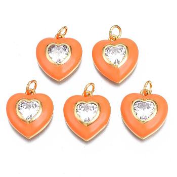 Brass Enamel Pendants, with Clear Cubic Zirconia and Jump Ring, Nickel Free, Real 16K Gold Plated, Heart, Dark Orange, 17.5x15.5x4.5mm, Hole: 3.5mm
