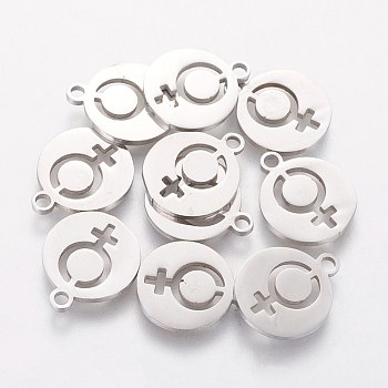 201 Stainless Steel Charms, Flat Round with Female Gender Sign, Stainless Steel Color, 14x12x1.2mm, Hole: 1.5mm