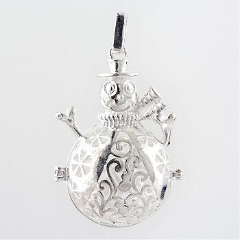 Rack Plating Brass Cage Pendants, For Chime Ball Pendant Necklaces Making, Hollow Christmas Snowman, Silver Color Plated, 46x35x21mm, Hole: 3x6mm, inner measure: 22mm