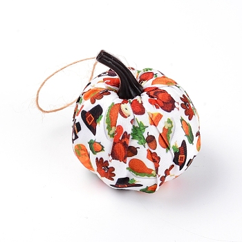 (Clearance Sale)Cloth Pendant Decorations, with Hemp Rope & Foam Filled, Autumn Theme, Pumpkin with Pattern, Colorful, 110mm