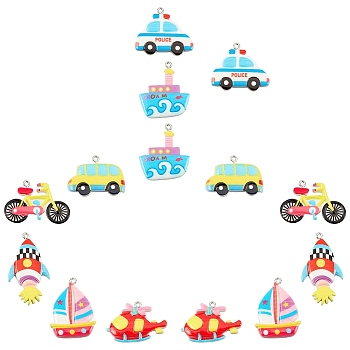 SUNNYCLUE 14Pcs 7 Style Resin Pendants, with Platinum Iron Peg Bail, Rockets & Steamship & Car & Helicopter & Bicycle, Mixed Color, 2pcs/style