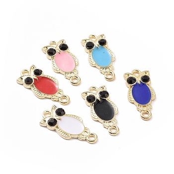 Alloy Enamel Connector Charms, Owl Links, with Jet Rhinestone, Light Gold, Mixed Color, 23x10.5x3mm, Hole: 1.8mm
