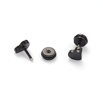 304 Stainless Steel Heart Earlobe Plugs, Screw Back Earrings, with Rhinestone, Gunmetal, 8x6mm, Pin: 1mm