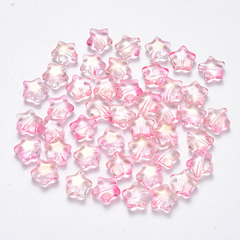 Spray Painted Glass Beads, with Glitter Powder, Star, Pink, 8x8.5x4mm, Hole: 1mm