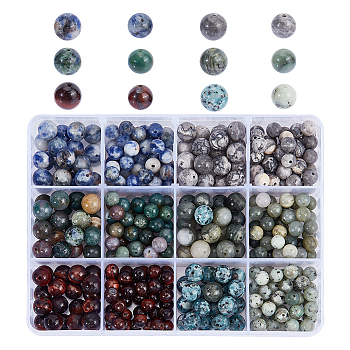 360Pcs 12 Styles Natural Mixed Gemstone Beads, Natural Indian Agate & Green Rutilated Quartz & Tiger Eye & Sesame Jasper & Blue Spot Jasper & Map Stone/Picasso Jasper, Round, Mixed Dyed and Undyed, 6~9mm, Hole: 1~1.2mm